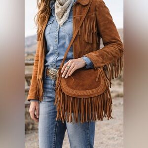Vintage Suede Fringe Saddle Bag Western Boho Crossbody Purse Shoulder Bag Brown